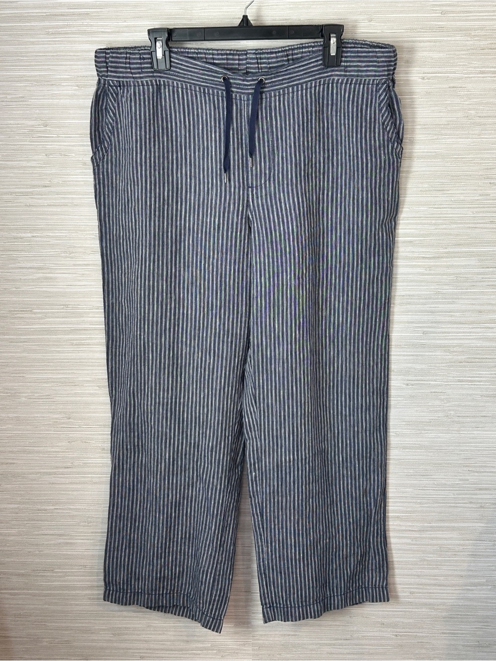 LL Bean Favorite Fit 100% Linen Pants Size 16 Navy Stripe Wide Leg Drawstring